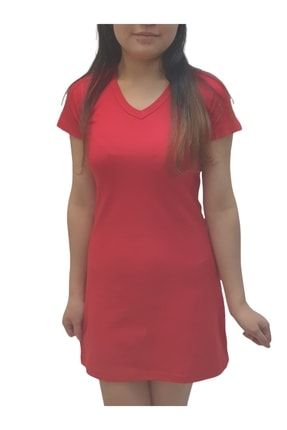Kırmızı Yazlık V Yaka Relax Kesim Diz Üstü Mini Basic T-shirt Elbise ULSTEKSYTE01