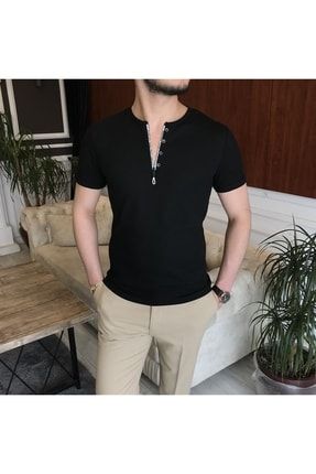 Italyan Stil Slim Fit Fermuarlı Kısa Kollu Pamuk Triko Tişört Siyah T7418