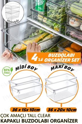 4'lü Kapaklı Maxi Ve Midi Boy Gıda Organizeri Buzdolabı Düzenleyici Organizer Saklama Kabı 4LUMAXIMIDI