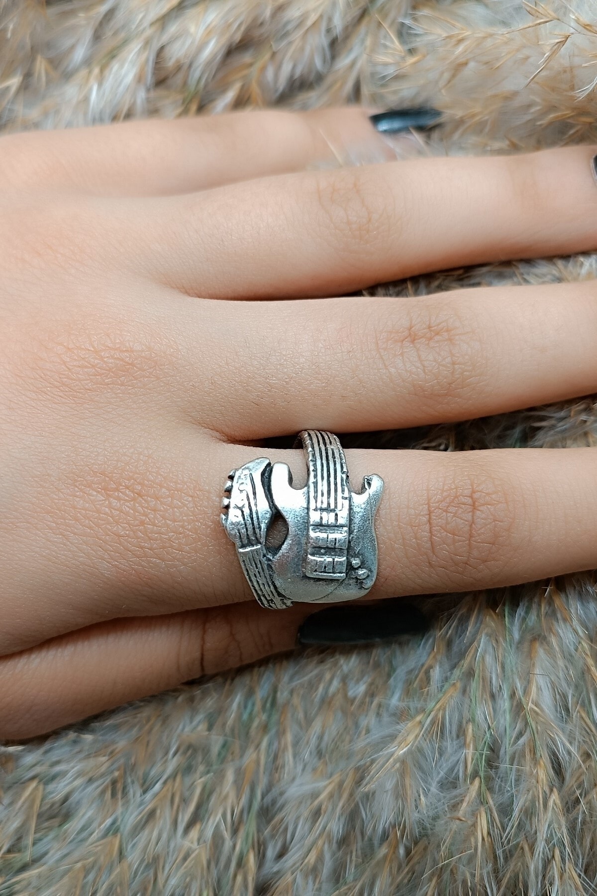 Elektro Gitar Model Antik Eskitme Gümüş Kaplama Ayarlanabilir Yüzük 2