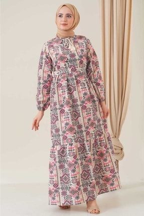 Kadın Pembe Geometrik Desen Detaylı Uzun Kol Elbise NK2345