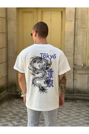 Oversize Unisex Tokyo Dragon Baskılı T-shirt %100 Pamuk mdl-newseason-s181