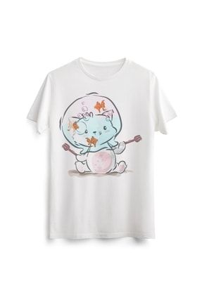 Unisex Erkek Kadın Cute Sevimli Kitten Kedi Cat Baskılı Tasarım Beyaz Tişört Tshirt T-shirt LAC00908