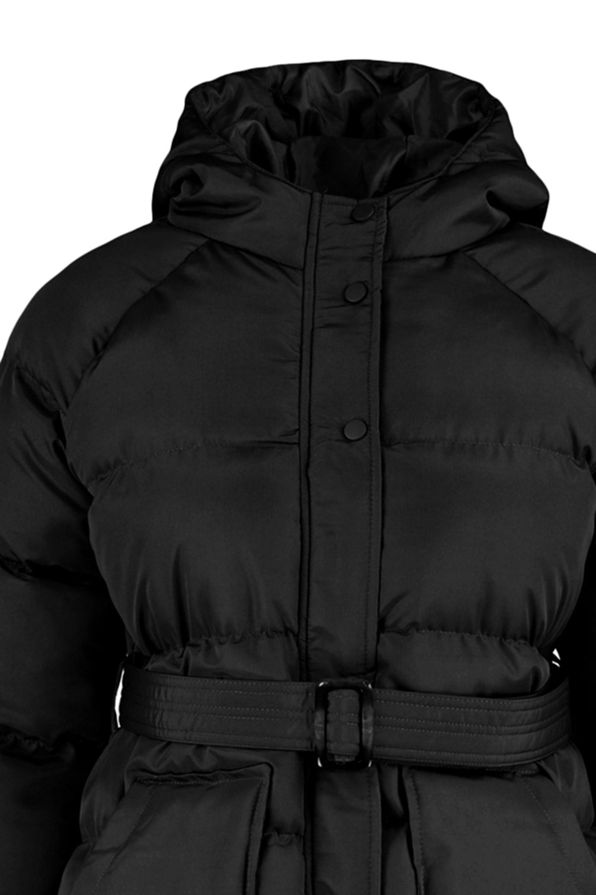 Trendyol Collection-Pufferjacke mit wasserabweisender Kapuze und Gürtel – Schwarz TWOAW23MO00188 7