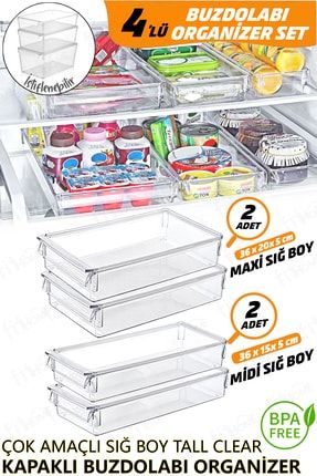4'lü Kapaklı Sığ Maxi Ve Midi Boy Çok Amaçlı Buzdolabı Organizeri Gıda Muhafaza 4LUSIGMAXIMIDI