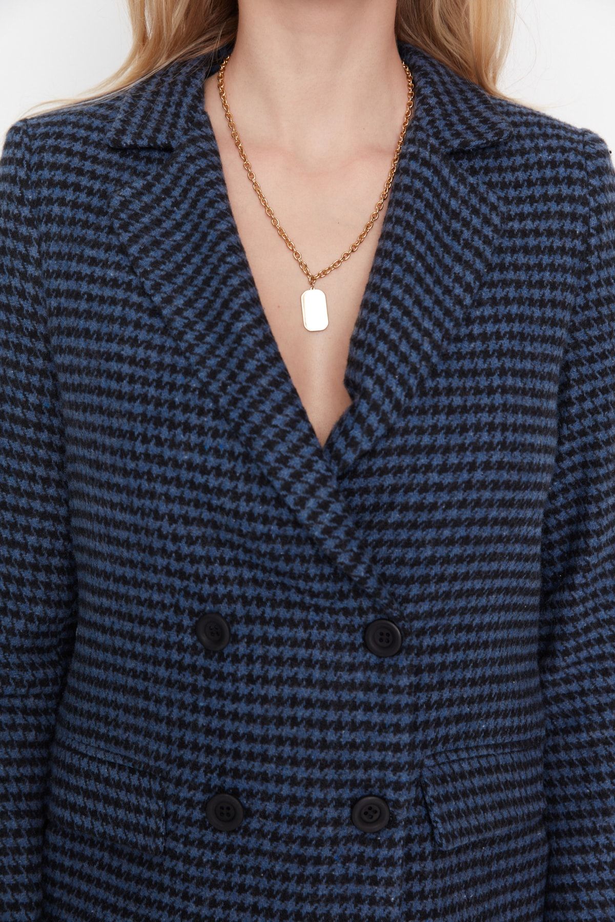 Trendyol Collection-Blue Double Breasted Closure Woven Houndstooth Patterned Jacket TWOAW23CE00002 4