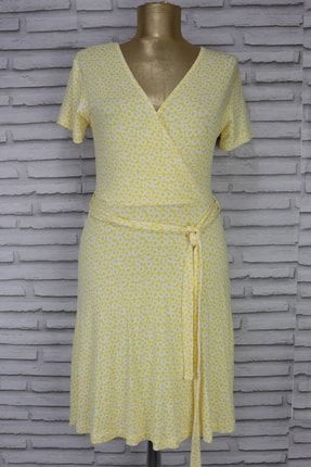 Kadın Sarı Çiçek Desenli V Yaka Penye Elbise DYG-02656