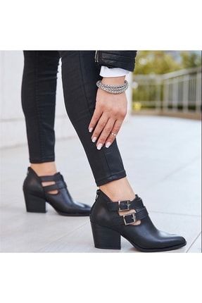 Lizbon Siyah Cilt Topuklu Arkadan Fermuarlı Toka Ayarlı Kadın Günlük Ayakkabı TYC00516088364