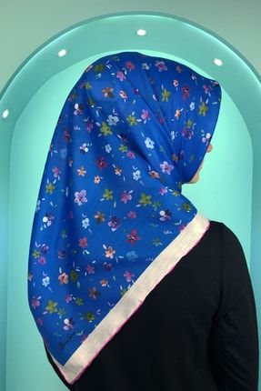 Kadın Anne Pamuklu Çiçekli Saks Mavisi Yazlık Mevsimlik Soft Eşarp Başörtü Anne Eşarbı IE-20086140