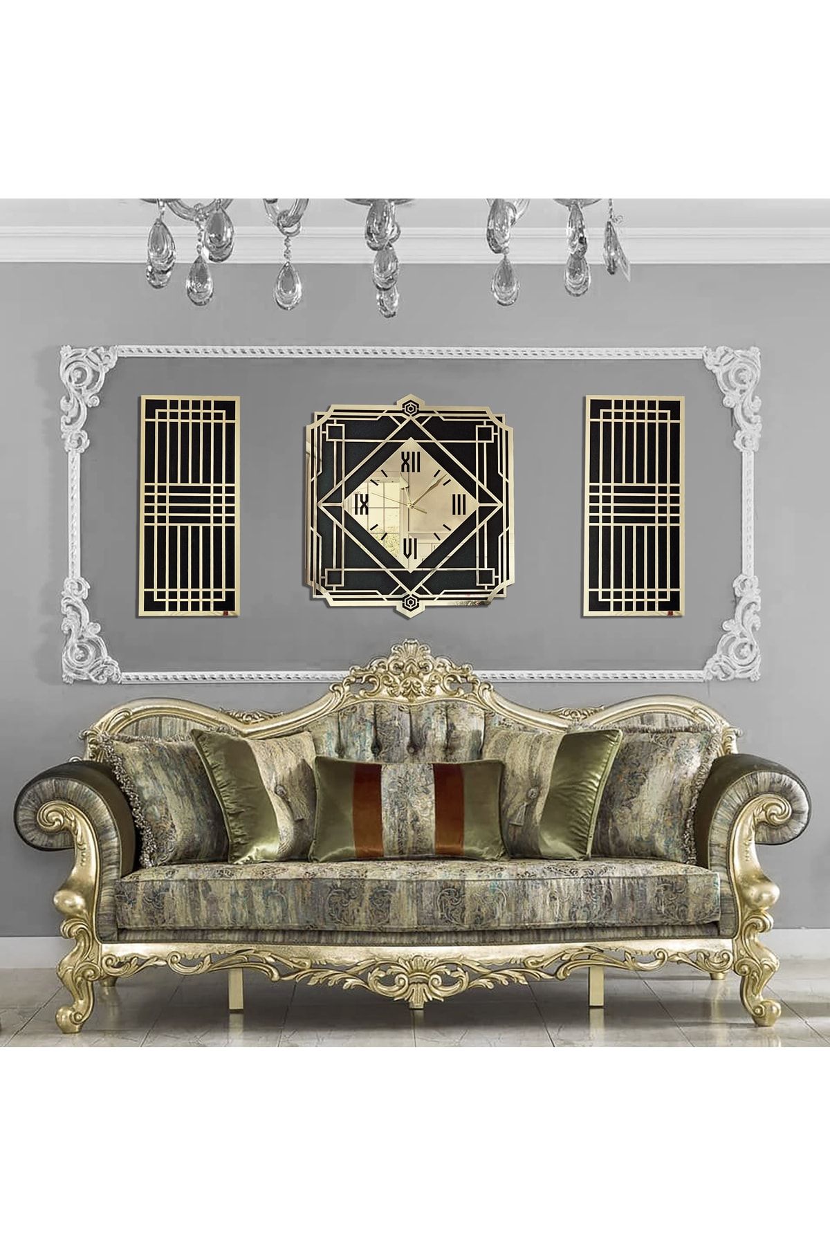 Mitra Dekor Roma Rakamlı Modern Klasik & Geometrik Tasarım Mdf Üzeri Gold Aynalı Pleksi 3lü Duvar Saat Seti
