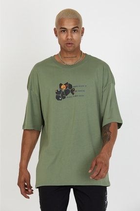 Uzay Temalı Baskılı Haki Renkli Oversize T-shirt 22201188