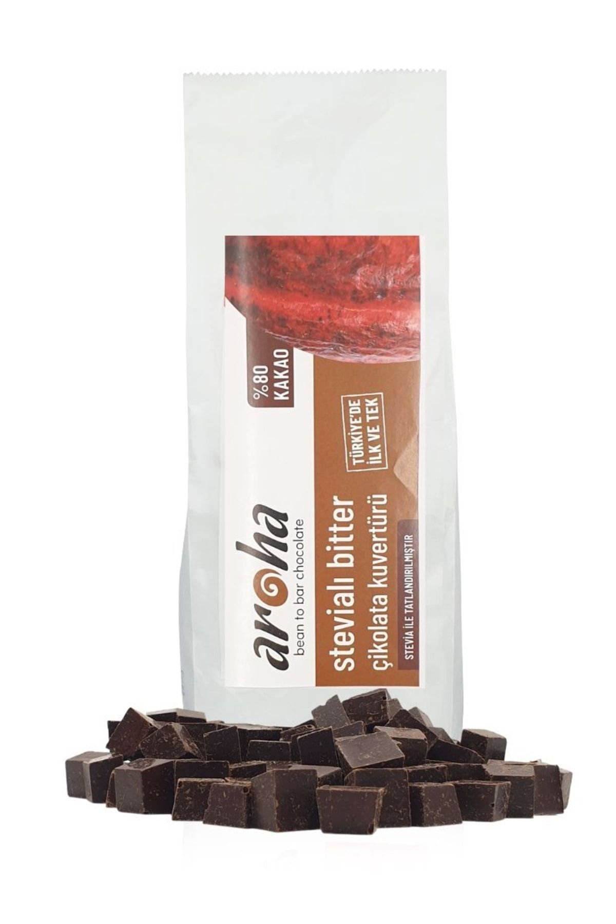 AROHA %80 Kakao - Stevialı, Şekersiz, Ketojenik, Vegan, Glutensiz Çikolata Kuvertürü (500 GR)