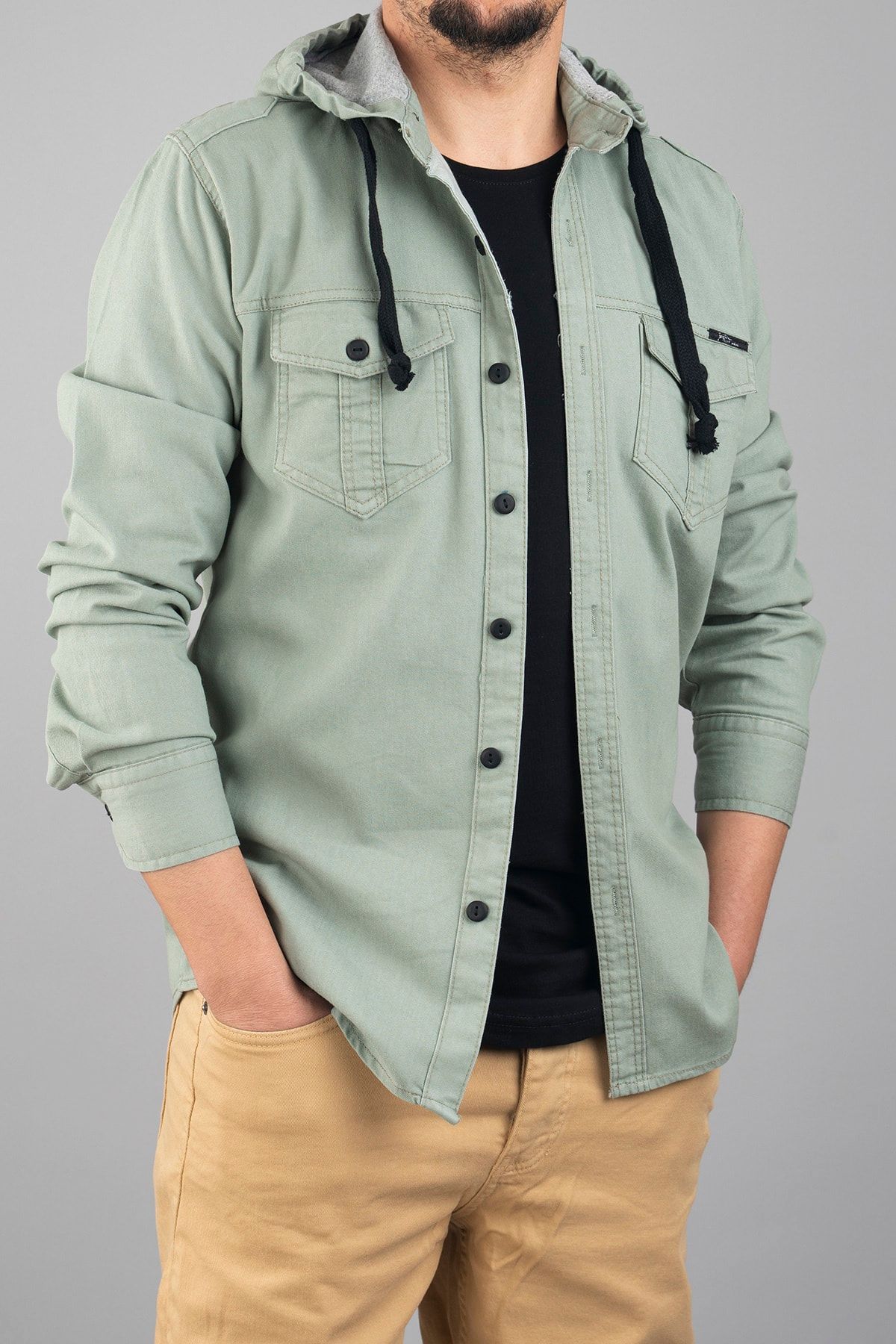 bombe Hooded Slim Fit Men s Denim Shirt Water Green Trendyol