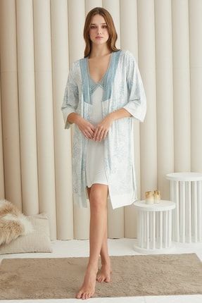 Kadın Mavi Beyaz Şal Desen Gecelik Sabahlık Takım SVM. 14016