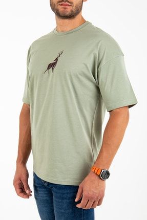 Unisex Çağla Yeşili Oversize Geyik Nakışlı T-shirt WH-3022