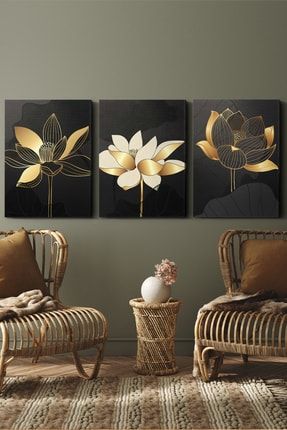 Gold Çiçekler 3 Parça Kanvas - Canvas Tablo EV-3KVS-45x65-011