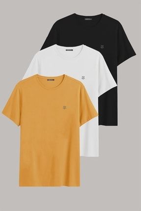 Sarı Renk Rahat Kalıp Erkek T-shirt 3 Lü Paket JCK3000