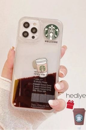 Iphone 12 Pro Max Starbucks Şeffaf Kahve Akışkanlı Kılıf 3 Boyutlu Starbucks Kablo Koruyucu Uyumlu STR12PR