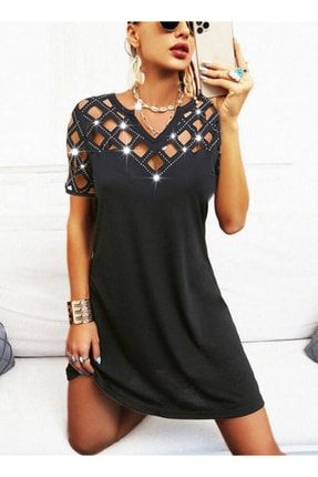 Kadın Siyah Omuz ve Göğüs Taş Işlemeli Lazer Kesimli Sandy Kumaş Elbise c345f2d59aab6485c33e
