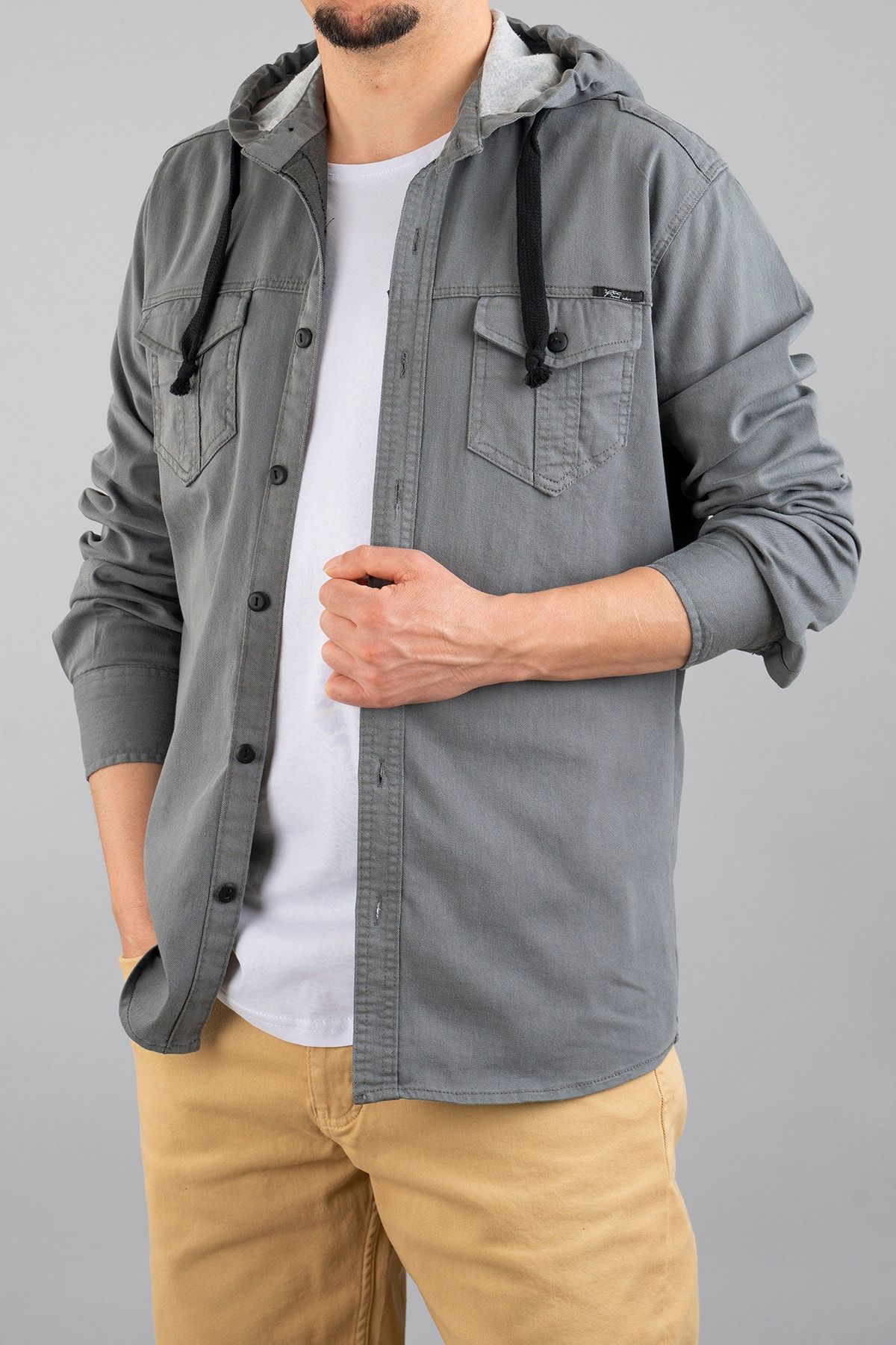 bombe Hooded Slim Fit Men s Denim Shirt Gray Trendyol