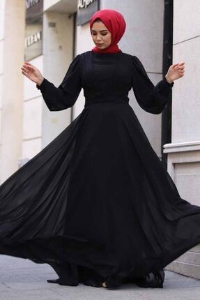 Tesettür Abiye Elbise - Şifon Siyah Tesettür Abiye Elbise 32760s TY-32760|00001_Siyah