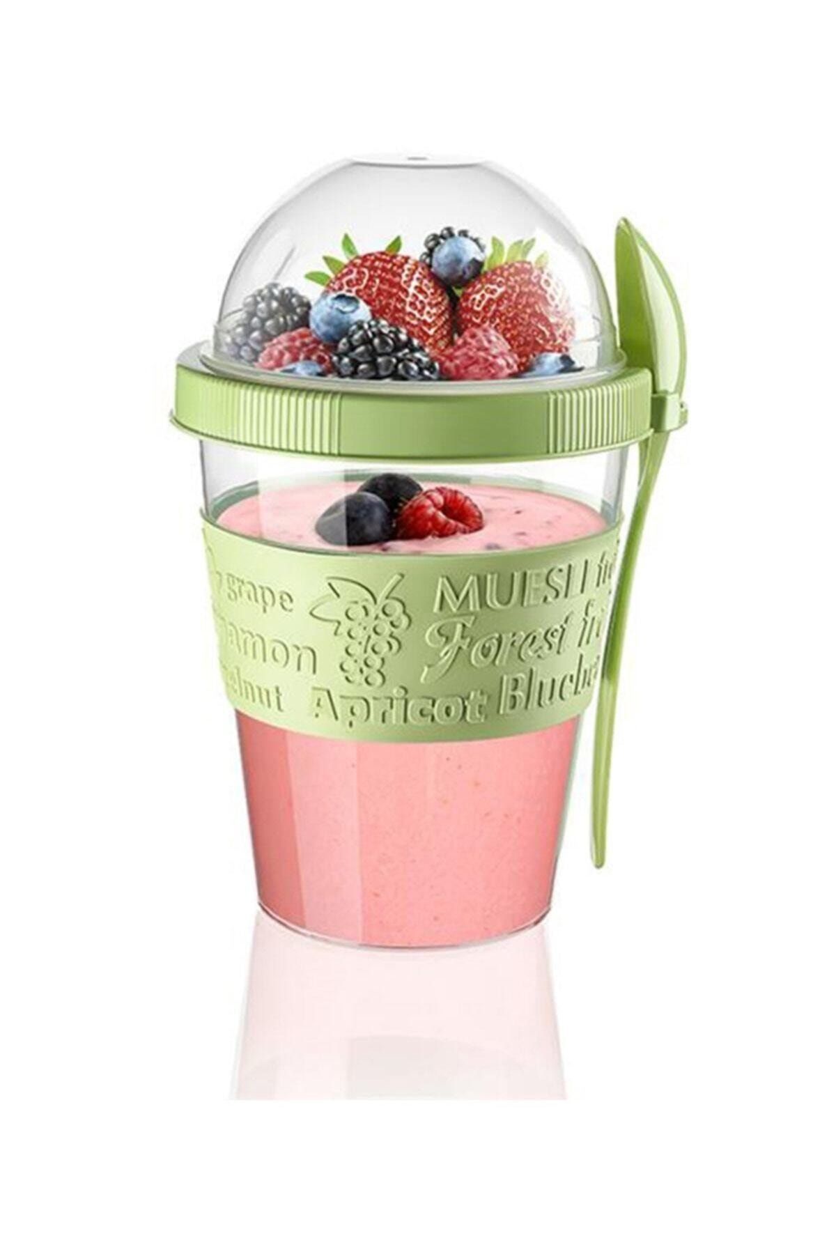 Meyve Hazneli  Kaşıklı Portatif Yoğurt Kabı Yeşil - 600 ml