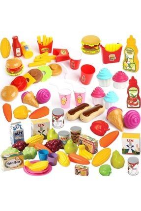 80 Parça Oyuncak Meyve + Sebze + Tatlı + Hamburger Set Kız Çocuk Oyunları Evcilik Oyuncak Depomiks MEYVELER