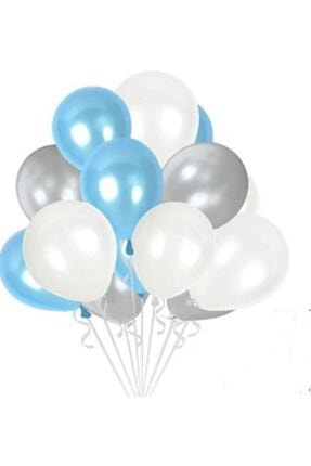 25 Adet Gümüş - Beyaz- Mavi Metalik Balon VP06