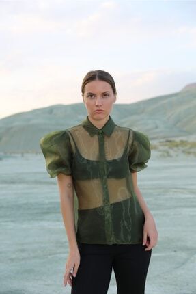 Kadın Yeşil Organze Kısa Kol Gömlek 2035