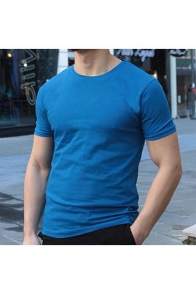 Erkek Mavi Bisiklet Yaka Slim Fit T-shirt WP210