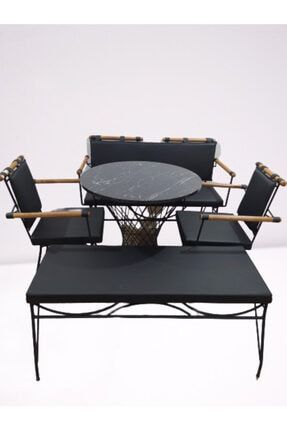 Sandalye Penyez Klasik Takım Model Metal Çelik Siyah Fırın Siyah Suni Deri Balkon-bahçe El Yapım Bengi Penyes takım Siyah Derili