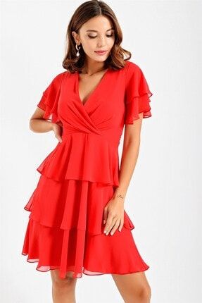 Kruvaze Kat Kat Şifon Abiye Elbise Kırmızı S-20Y0190017-Kırmızı