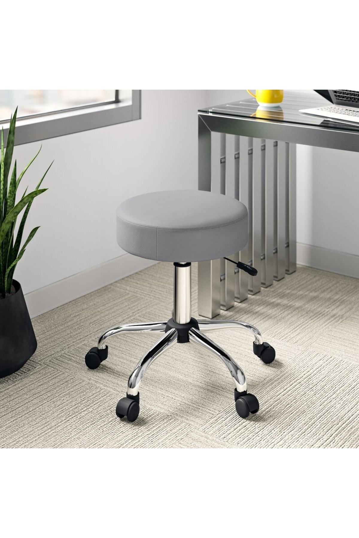 Office Cashier Stool 360 Degree Swivel Leather Upholstery Seat Metal Legs Grey For Pharmacy Laboratory