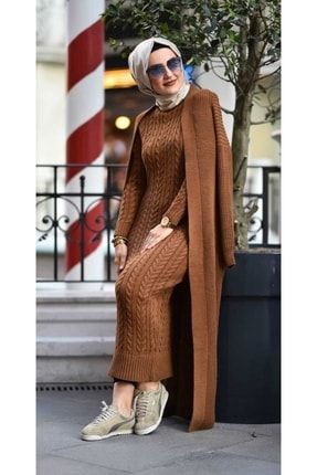 Kadın Saç Örgü Desenli Triko Elbise Ceket Takım TYC00515206200