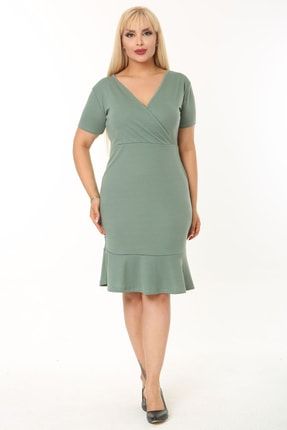 Kadın Çağla Yeşil Kruvaze Yaka Eteği Fırfırlı Büyük Beden Elbise 2210210