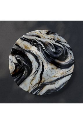 Siyah Beyaz Bej Tonlarda Mermer Desenli Sunumluk - Cam Peynir Tatlı Servis Tabağı - Supla Çap 32cm marbleplate008