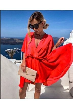 Kruavze Yaka Aerobin Kumaş Ithal Taş Kırmızısı Elbise TYC00514579126