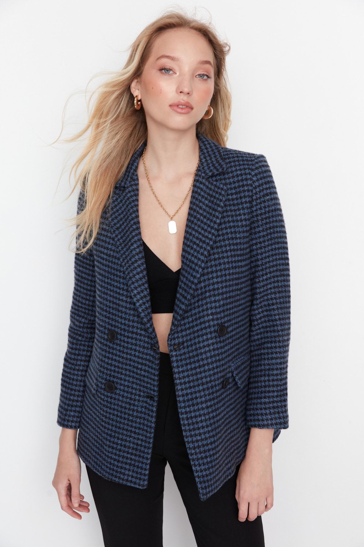 Trendyol Collection-Blue Double Breasted Closure Woven Houndstooth Patterned Jacket TWOAW23CE00002 2