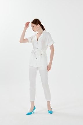 Beyaz Kemer Detaylı Metal Düğmeli Gömlek Yaka Bluz Beli Lastikli Havuç Pantolon Aerobin Şık Takım TYC00515904242
