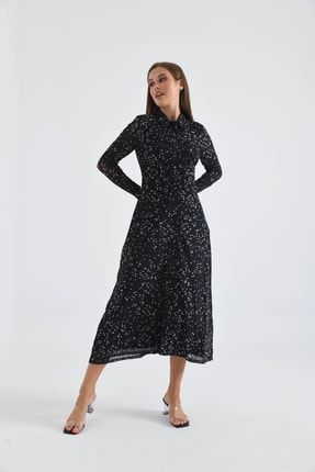 Siyah Baskılı Uzun Tül Elbise 0102-0001