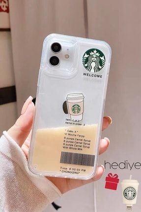 Iphone 12 Pro Max Starbucks Şeffaf Kahve Akışkanlı Kılıf 3 Boyutlu Starbucks Kablo Koruyucu Hediye STR12PR
