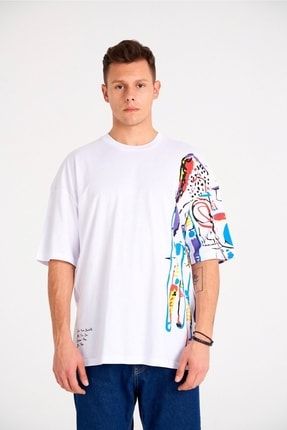 Art Desenli Baskılı Beyaz Oversize T-shirt 22201051