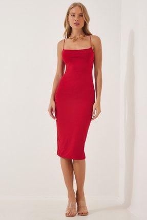 Kadın Kırmızı Askılı Jarse Örme Elbise YK00042