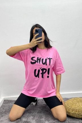 Pembe Renk Shut Up Baskılı Geniş Kesim Kadın T-shirt DCE01SHTP