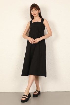 Soft Kumaş Iki Cepli Uzun Kadın Elbise-siyah SKXC0117