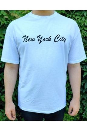 Oversıze %100 Pamuk Beyaz Newyork City Baskılı Bisiklet Yaka Unisex T-shirt KMT000003