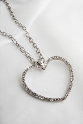 Kalp Tasarımlı Taşlı Kadın Kız Gümüş Renkli Zincirli Kolye KL01,12,X005