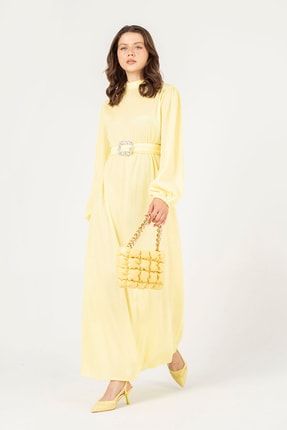 Sarı Taşlı Kemerli Pilise Elbise 32-9372 P-02694