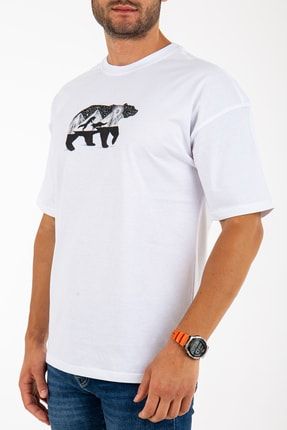 Unisex Beyaz Oversize Ayı Baskılı T-shirt WH-3025