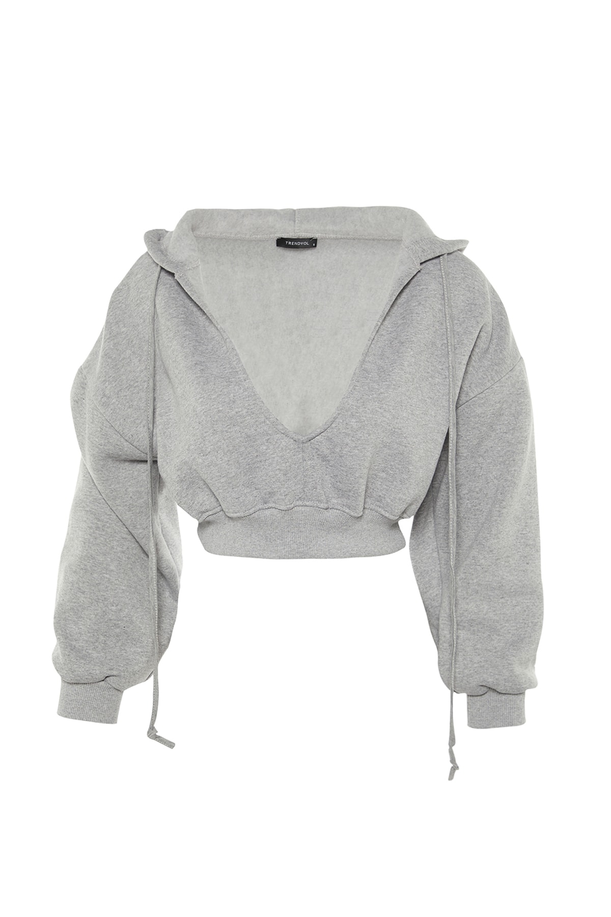  TRENDYOLM?LLA Gri Kal?n ?çi Polarl? Kapü?onlu V Yaka Rahat Kesim Crop ?rme Sweatshirt
